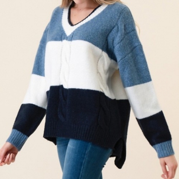 Color Block Cable Knit Oversized Varsity Sweater - Picture 2 of 6
